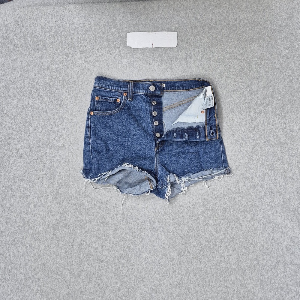 Levi's Ribcage Shorts Women‎ Shorts W26 Blue Denim Button Frayed 3" Inseam